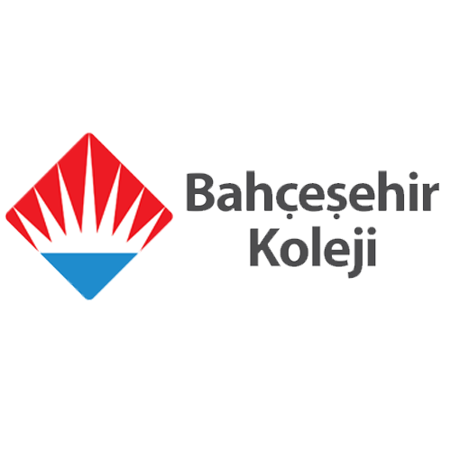 Bahçeşehir Koleji logosu kırmızı ve gri renklerde, üstünde kırmızı diyagonal şekil